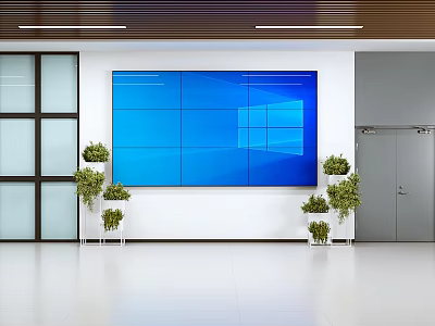 Public Facility Lobby Featuring Large Blue Screen Display Green Plants And Glass Doors 3d model