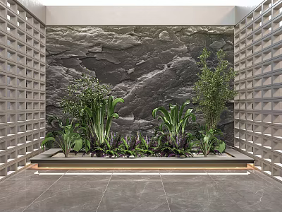 Natural Indoor Landscape With Diverse Green Plants Textured Stone Wall Grid Panels And Polished Floor 3d model