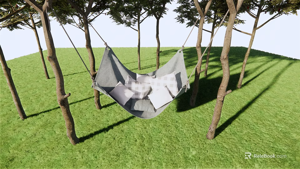 Comfortable Gray Hammock Hanging Between Trees In Green Grass For Outdoor Relaxation 3d model 