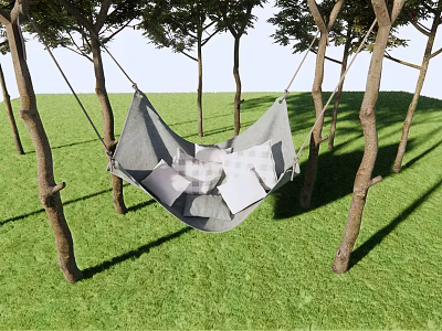 Comfortable Gray Hammock Hanging Between Trees In Green Grass For Outdoor Relaxation 3d model