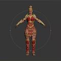 Female Game Movie Warrior Character in Red and Gold Detailed Armor