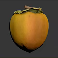 Ripe Yellow Persimmon With Green Leaves And Brown Stem On Dark Background