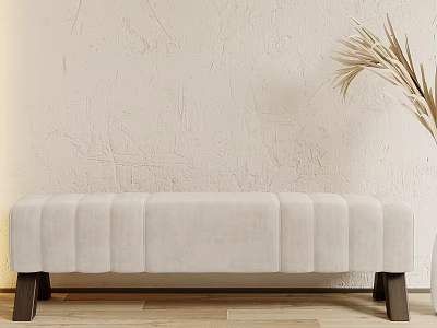 Beige Tufted Sofa Bench With Dark Wooden Legs Against Light Textured Wall And Pampas Grass 3d model
