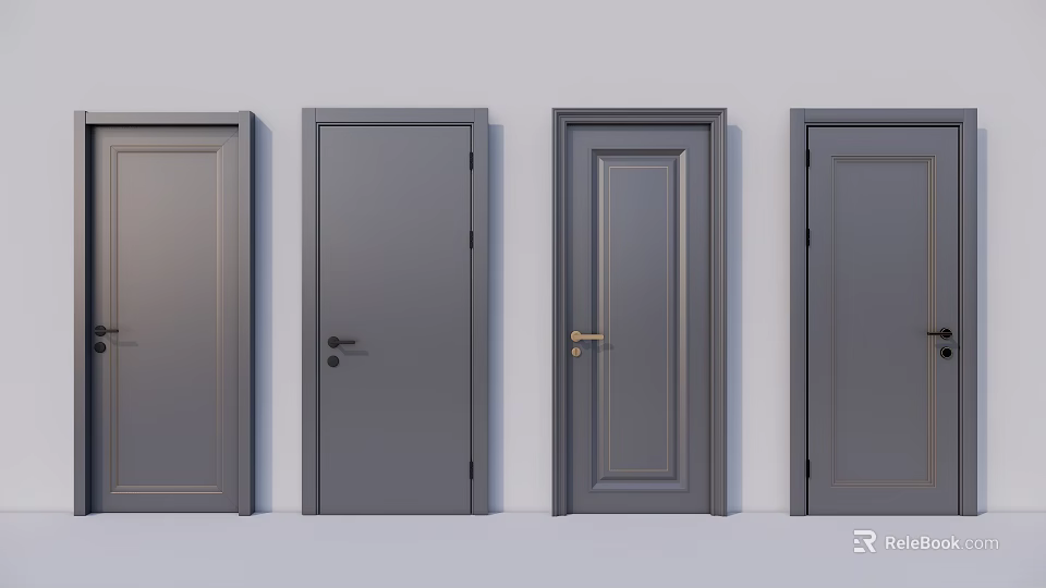 Modern Gray Hinged Doors Collection With Various Handle Styles And Frame Details 3d model