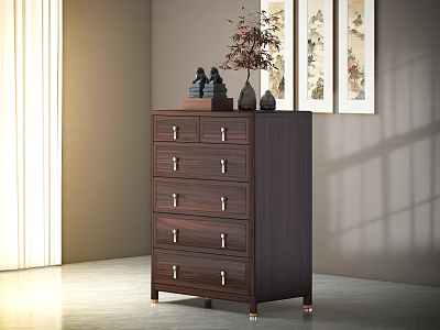 Elegant Dark Wooden Chest of Drawers With Metal Handles Decorative Items And Wall Paintings 3d model