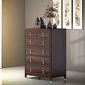 Elegant Dark Wooden Chest of Drawers With Metal Handles Decorative Items And Wall Paintings