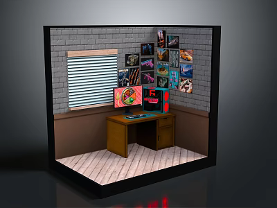 Cozy Small Room Interior With Brick Wall Window Blinds Posters Wooden Desk And Computer Monitor 3d model