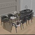 Modern Glass Top Dining Table With Black And White Metal Leg Chairs Set