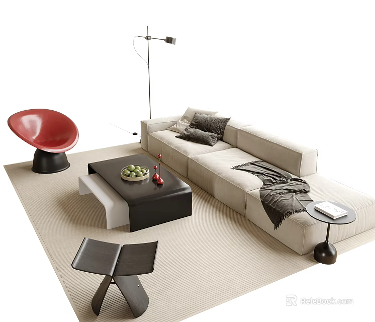 Beige L Shaped Sofa And Coffee Table Set With Gray Cushions Red Vase Modern Accents 3d model 