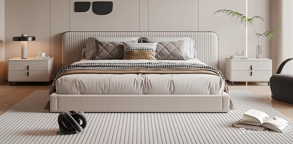 Elegant Double Bed With Upholstered Headboard Plush Pillows Striped Blanket And Striped Rug 3d model 
