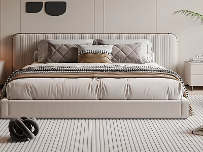 Elegant Double Bed With Upholstered Headboard Plush Pillows Striped Blanket And Striped Rug 3d model