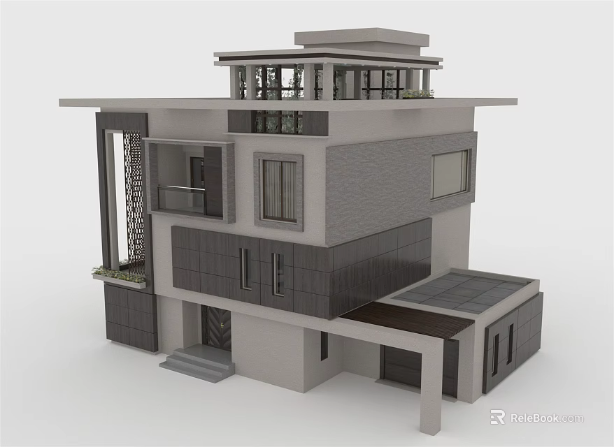 Modern Two Story Detached Villa With Large Glass Windows And Gray Exterior Design 3d model 