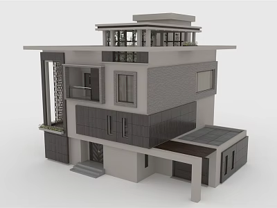 Modern Two Story Detached Villa With Large Glass Windows And Gray Exterior Design 3d model
