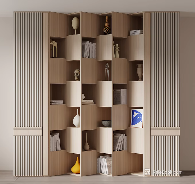 Light Brown And White Modular Bookshelf With Compartments Books Vases Sculptures And Vertical Striped Panels 3d model 