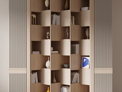 Light Brown And White Modular Bookshelf With Compartments Books Vases Sculptures And Vertical Striped Panels 3d model