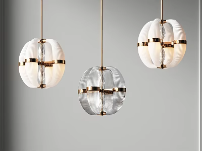 Modern Chandeliers With Striped Glass Shades And Gold Metal Accents In Spherical Design 3d model