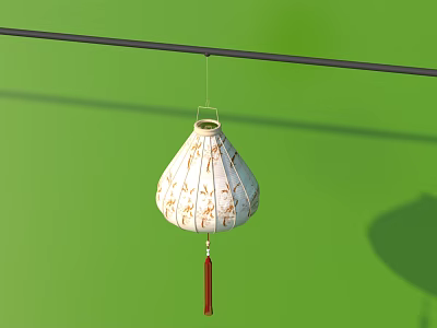 White Lantern With Golden Patterns And Red Tassel Hanging On Green Background 3d model