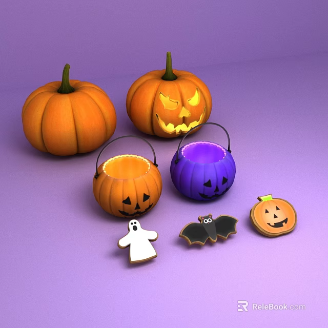Halloween Decorations With Carved Pumpkins Orange Purple Pumpkin Baskets Ghost And Bat Ornaments 3d model 