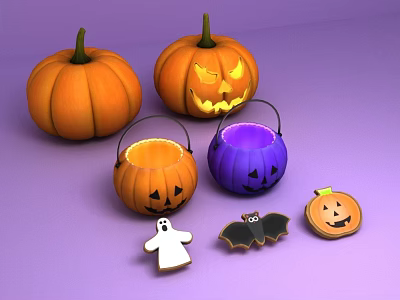 Halloween Decorations With Carved Pumpkins Orange Purple Pumpkin Baskets Ghost And Bat Ornaments 3d model