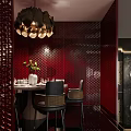 Stylish Restaurant Interior With Red Perforated Walls Black Chandelier And Dining Table