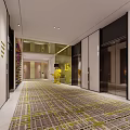 Modern Elevator Lobby Interior With Patterned Carpet And Yellow Decorative Sculpture 3d model