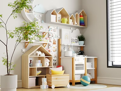 Whimsical Kids Room With Wooden House Shelves Toys And Green Plant 3d model