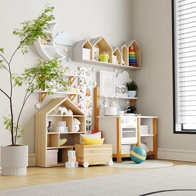 Whimsical Kids Room With Wooden House Shelves Toys And Green Plant 3d model
