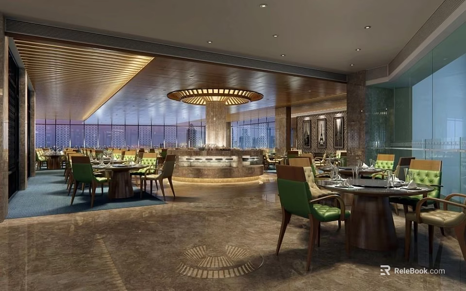 Modern Restaurant Interior With Circular Chandelier Wooden Ceiling Green Chairs Dining Tables And Table Settings 3d model 