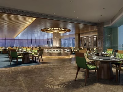 Modern Restaurant Interior With Circular Chandelier Wooden Ceiling Green Chairs Dining Tables And Table Settings 3d model