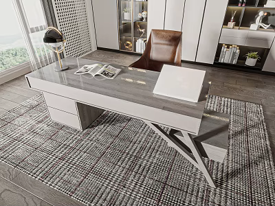 Modern Gray Desk With Drawers Brown Chair Notebook And Table Lamp On Rug By Window 3d model