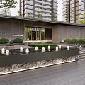 Modern Entrance Gate of High Rise Residential Building With Landscaped Garden and Stone Steps