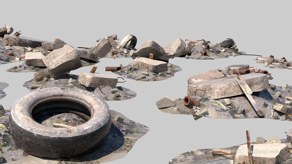 Industrial Factory Building Demolition Site With Construction Debris Old Tires And Metal Pipes 3d model 
