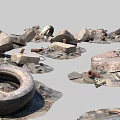 Industrial Factory Building Demolition Site With Construction Debris Old Tires And Metal Pipes