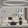Modern Living Room Interior With Sofa Pillows Round Coffee Table Decorative Artwork And Lighting Fixture