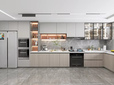 Modern Kitchen Interior With Stainless Steel Appliances Glass Cabinets And Countertop 3d model