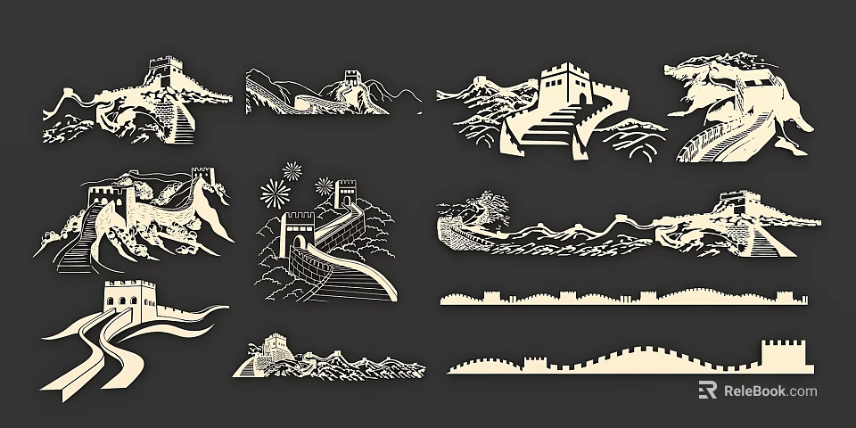 Traditional Chinese Great Wall Silhouette Wall Decor with Mountain Tower and Landscape Patterns 3d model 