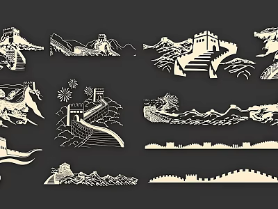 Traditional Chinese Great Wall Silhouette Wall Decor with Mountain Tower and Landscape Patterns 3d model