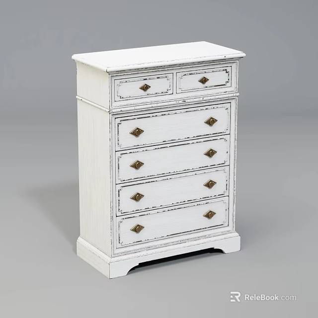 White Distressed Dresser with Five Drawers Metal Handles and Classic Design 3d model 