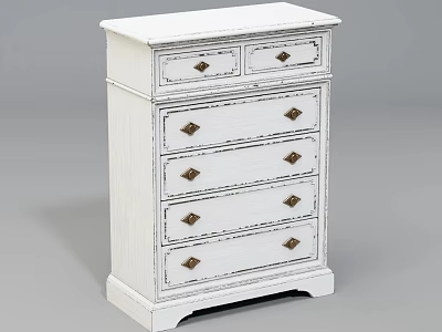 White Distressed Dresser with Five Drawers Metal Handles and Classic Design 3d model