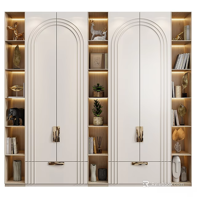 White Modern Dresser With Gold Handles And Illuminated Shelves Holding Books Plants And Decorative Items 3d model 