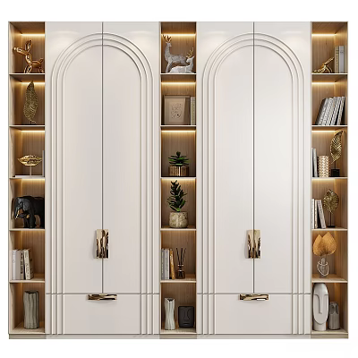 White Modern Dresser With Gold Handles And Illuminated Shelves Holding Books Plants And Decorative Items 3d model