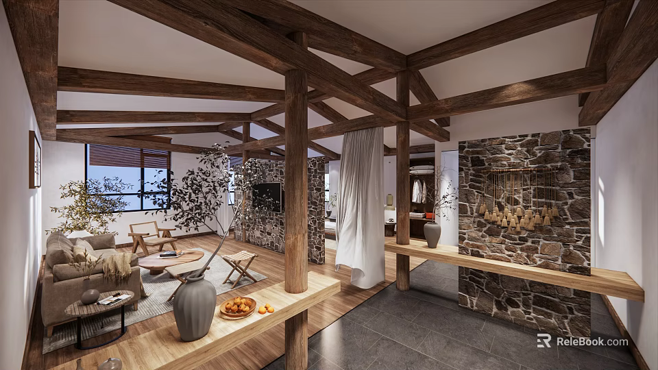 Hotel Guest Room Interior With Wooden Beams Stone Walls Natural Light And Cozy Furniture 3d model 