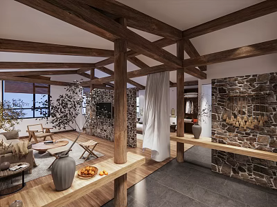 Hotel Guest Room Interior With Wooden Beams Stone Walls Natural Light And Cozy Furniture 3d model