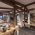 Hotel Guest Room Interior With Wooden Beams Stone Walls Natural Light And Cozy Furniture