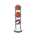 Basketball Gym Interior with Multi Tiered Stand Holding Three Colorful Basketballs