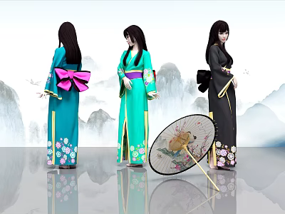 Women in Different Colored Kimono Standing With Traditional Fan and Mountain Backdrop 3d model