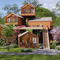 Multi Level Wooden Boutique Villa Surrounded By Green Trees Pink Blossoms Lawn And Mountain View