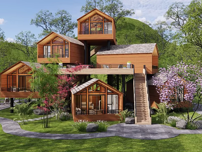 Multi Level Wooden Boutique Villa Surrounded By Green Trees Pink Blossoms Lawn And Mountain View 3d model