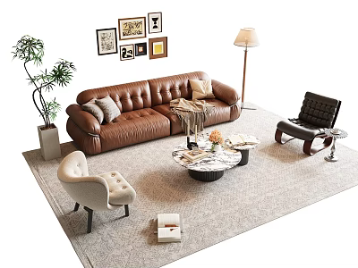 Brown Leather Sofa Set with Accent Chairs Coffee Table and Wall Art in Living Room 3d model