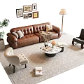 Brown Leather Sofa Set with Accent Chairs Coffee Table and Wall Art in Living Room